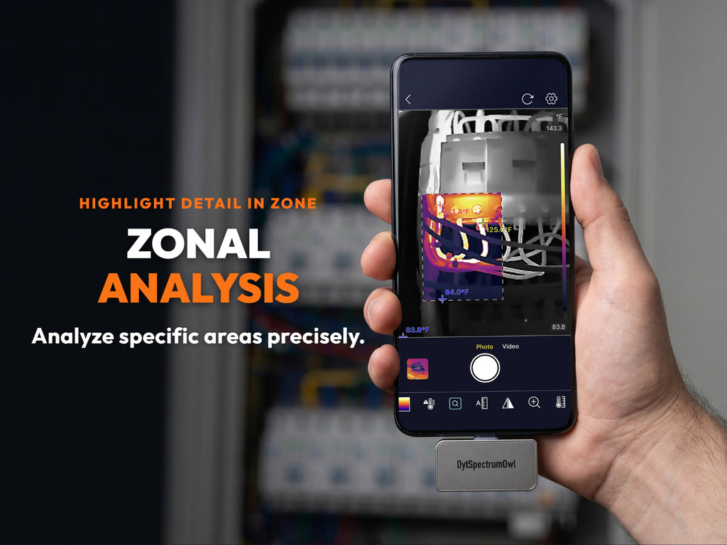 Zonal analysis tool on the thermal camera app for precise temperature measurement in specific areas
