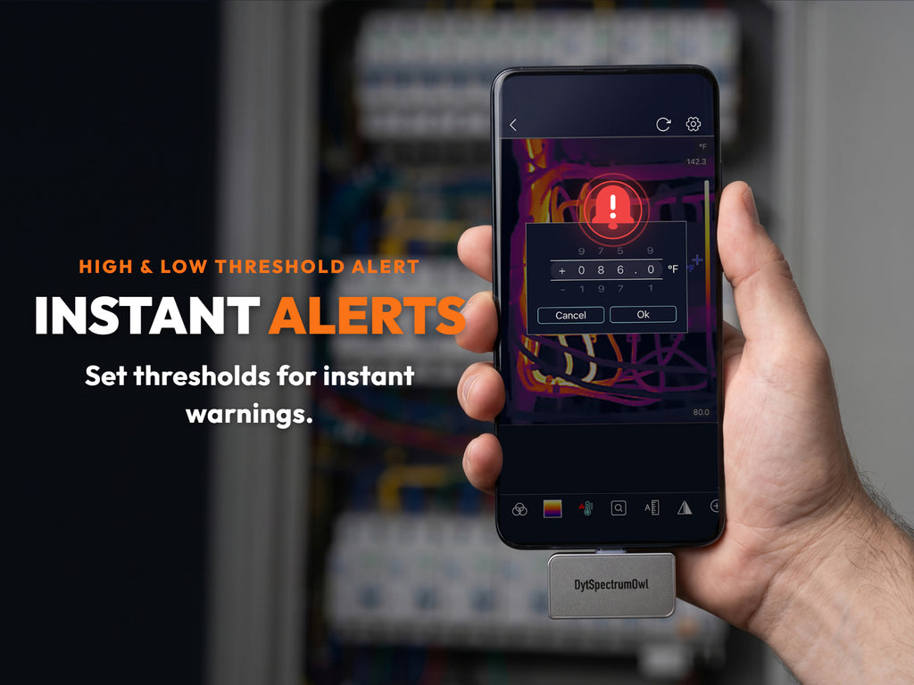 Setting high and low threshold alerts for instant warnings on the H2F6B thermal app
