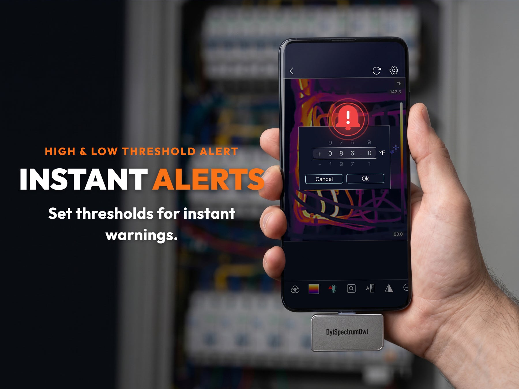 Setting high and low threshold alerts for instant warnings on the H2F6B thermal app
