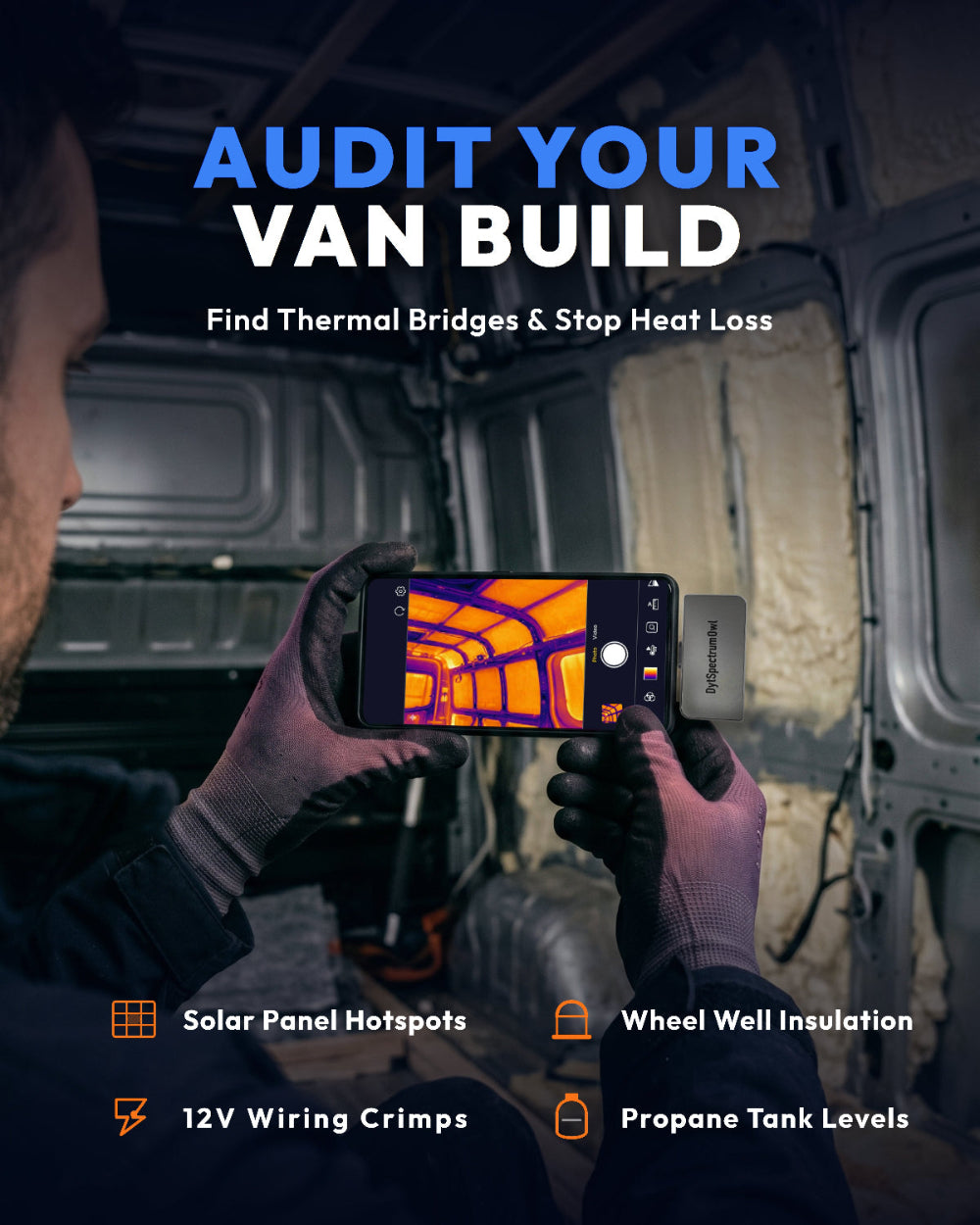 DytSpectrumOwl H2F6B Thermal Camera used for auditing camper van build insulation and heat loss